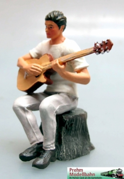 500211 - Camper mit Gitarre auf Baumstumpf